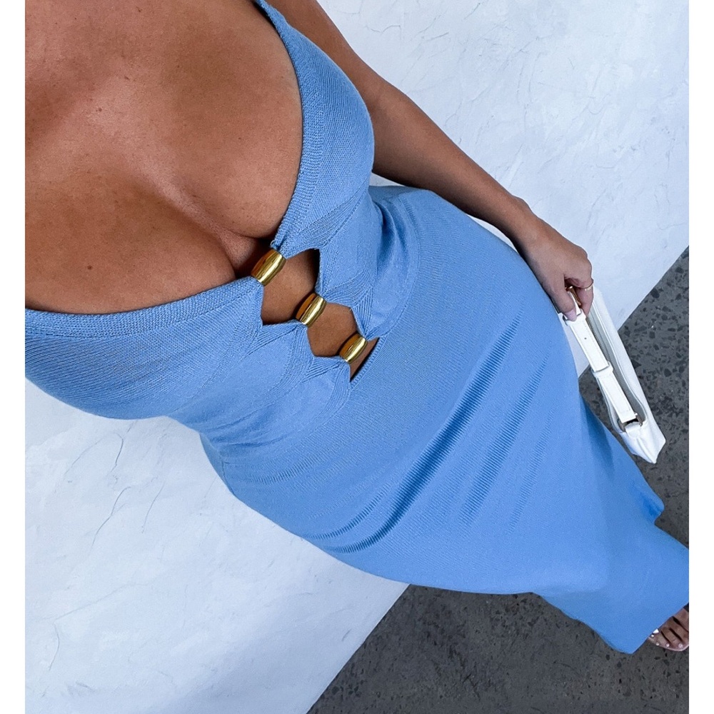 White Fox Boutique Blue Bodycon Maxi Dress Plunge Neckline